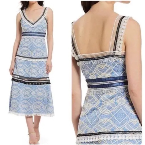 GIANNI BINI Mona Tiered Crochet Lace Blue & White Midi Dress - Picture 1 of 15